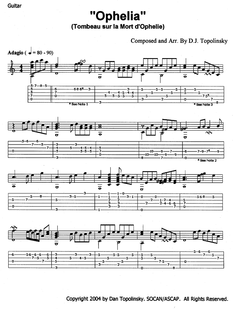 Notation and tabs for "Tombeau sur la Morte D'Ophelie", a classical guitar piece by Kingston musician Dan Topolinsky.